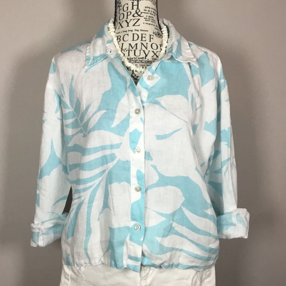 100% linen aqua shirt button down exotic floral pattern beach vacation summer S